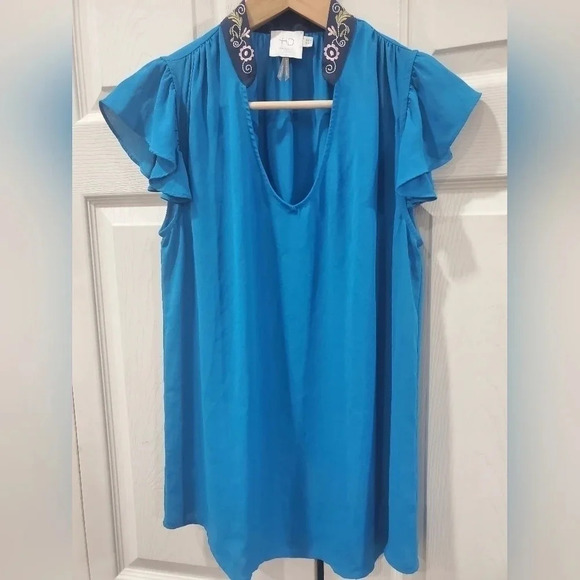 Anthropologie HD in‎ Paris sz 4 blue Flutter sleeve Embroidered Neck blouse top - Picture 2 of 10